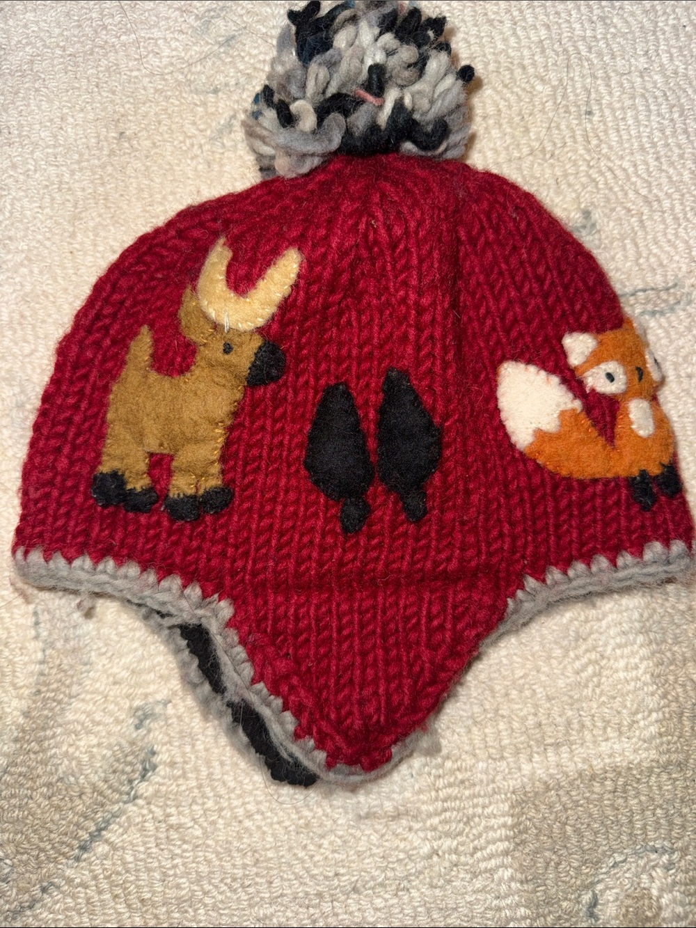 Kids Red Knit Pom-Pom Earflap Hat with Fox, Moose and Bear Appliqués